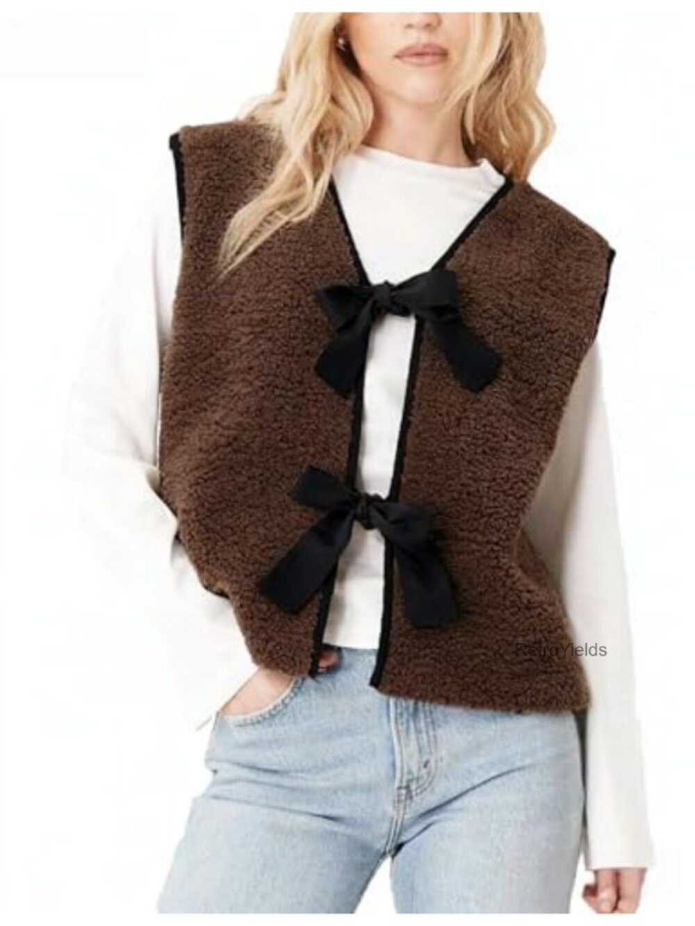 Sherpa Fleece Vest with Bow Tie Fuzzy Sleeveless Cardigan Outerwear